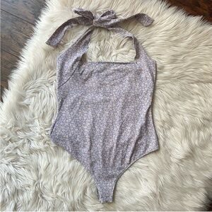 Intimately Free People Talk Back Lilac Floral Halter Bodysuit